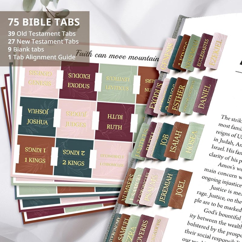 Taja Bible Tabs for Women & Men, Laminated Bible Tabs for Study Bible, Large Print Neutral Bible Tabs for Easy Navigation, Bible Index Tabs, 66 Tabs Old & New Testament, Extra 9 Blank Tabs - Leaves - Image 2